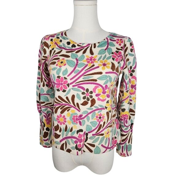 Talbots Boho Floral Merino Wool Puff Sleeve Sweater Medium Pink Blue Colorful - Picture 2 of 10